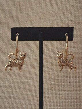 Whimsical Gold-Tone Cat Charm Hoop Earrings